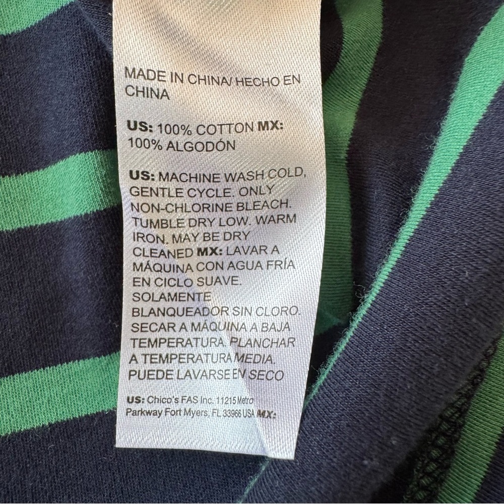 Chico's 100% Cotton Green/Blue Striped Wide-Sleeve Drop-Shoulder T-Shirt 2 (L) - Picture 8 of 11